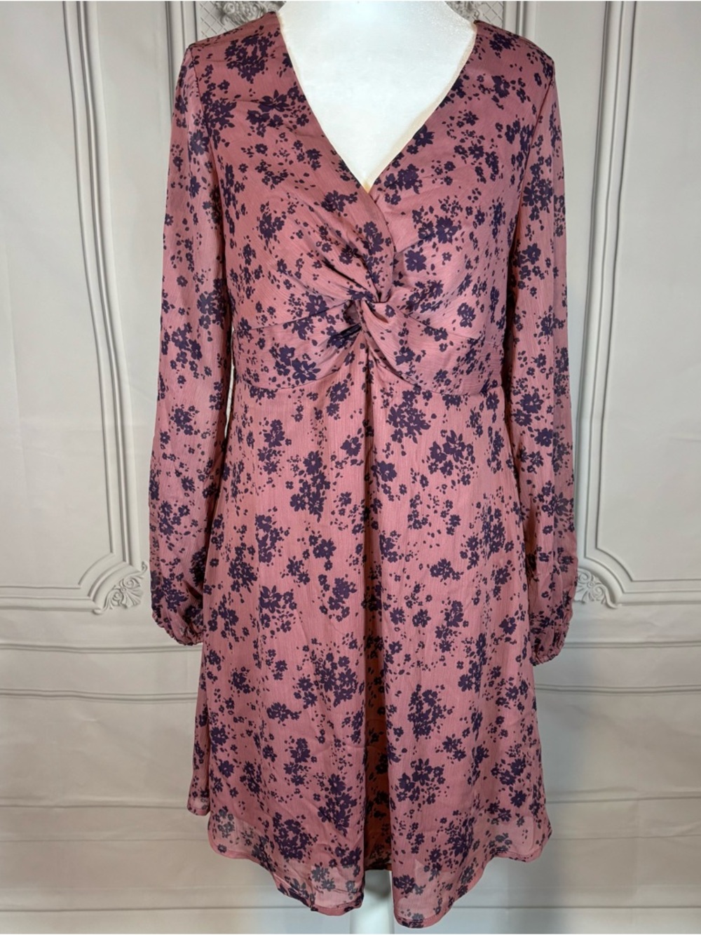 Live To Be Spoiled Dress Women’s L Fit Flare Long Sleeve Pink Navy Floral Boho